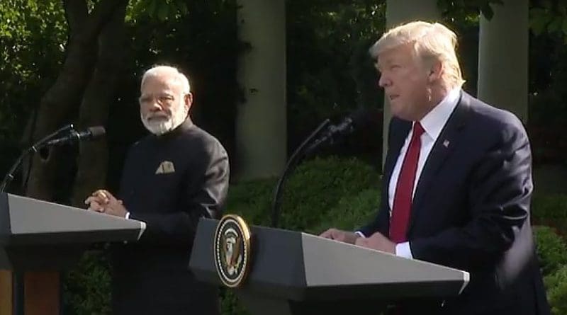 India's PM Narendra Modi and US President Donald Trump at joint press conference. Photo Credit: White House video screenshot.