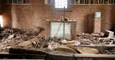 Over 5,000 people seeking refuge in the Ntarama church in Rwanda were killed by grenade, machete, rifle, or burnt alive. Photo by Scott Chacon, Wikipedia Commons.
