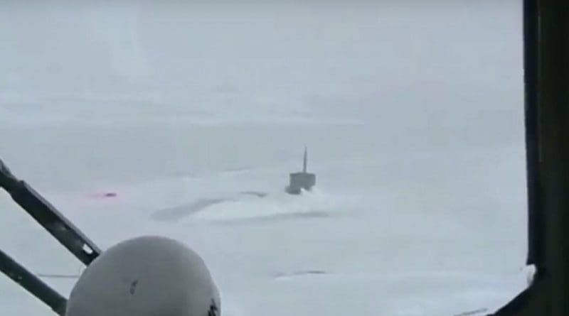 Russian Mi-8 helicopter flying around US Seawolf submarine stuck in the Arctic ice. Photo Credit: Screenshot from Rssia Insider video (see below)
