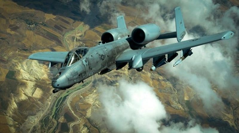 An Air Force A-10 Thunderbolt II flies after receiving fuel from a KC-10 Extender while supporting Operation Inherent Resolve, May 31, 2017. The A-10's combat radius and short takeoff and landing capability permit operations in and out of locations near front lines. Air Force photo by Staff Sgt. Michael Battles