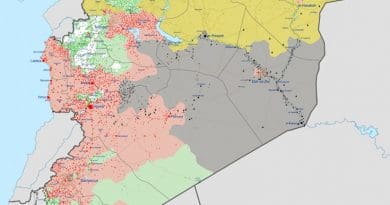 Map of the Syrian Civil War as of June 7, 2017. Red: Syrian government, Green: Syrian opposition, Yellow: Rojava (SDF), Grey: Islamic State of Iraq and the Levant, White: Tahrir al-Sham. Source: Wikipedia Commons.