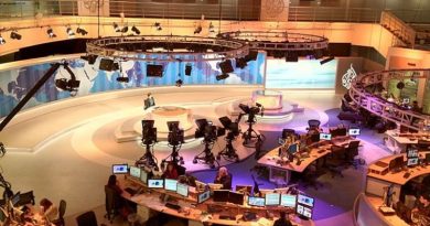 Photo from balcony overlooking Al Jazeera's main television studio towards presenter's desk in the Doha, Qatar headquarters. Photo by Wittylama, Wikimedia Commons.