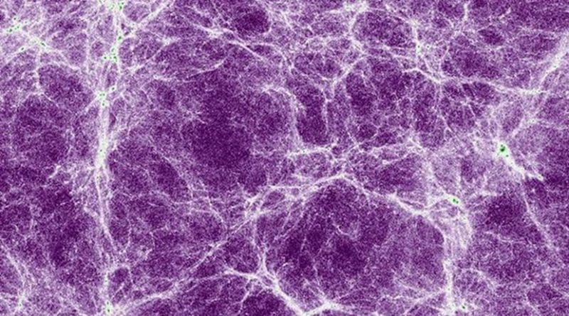 This is a depiction of hydrogen gas within the intergalactic medium, or IGM, with bright areas indicating high gas density. Credit Vid Iršič