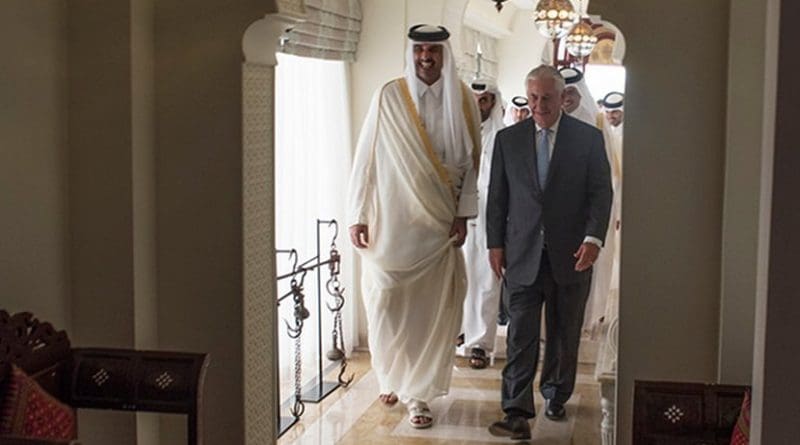 U.S. Secretary of State Rex Tillerson meets with the Emir of Qatar, His Highness Sheikh Tamim Bin Hamad Al Thani, at the Sea Palace in Doha, Qatar on July 11, 2017. [State Department photo/ Public Domain]