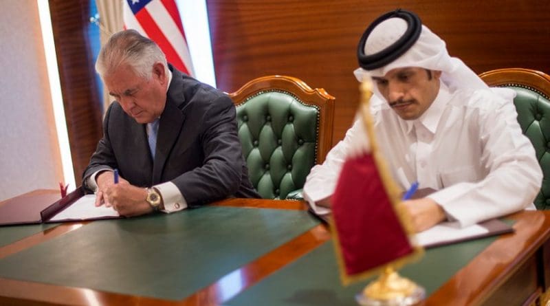 U.S. Secretary of State Rex Tillerson and the Qatari Minister of Foreign Affairs Sheikh Mohammed bin Abdulrahman Al Thani sign an MOU in Doha, Qatar on July 11, 2017. [State Department photo/ Public Domain]