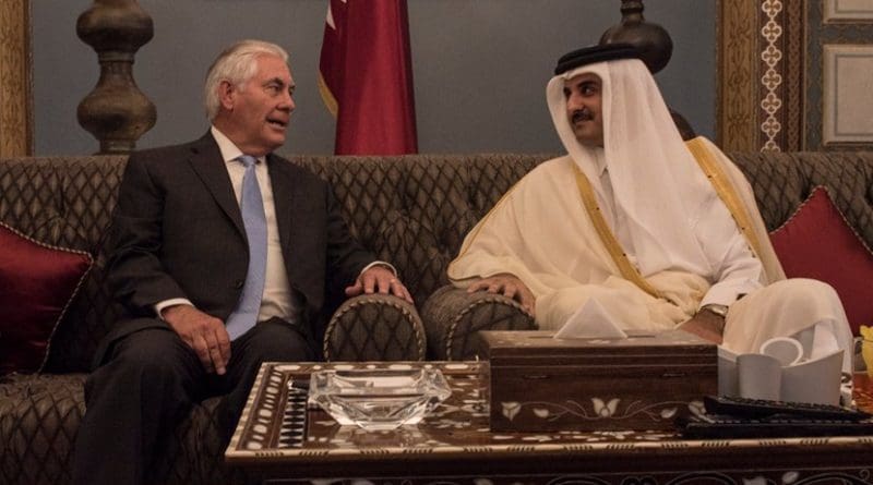 U.S. Secretary of State Rex Tillerson meets with the Emir of Qatar, His Highness Sheikh Tamim Bin Hamad Al Thani, at the Sea Palace in Doha, Qatar, on July 11, 2017. [State Department photo/ Public Domain]