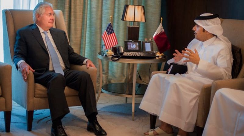 U.S. Secretary of State Rex Tillerson meets with the Qatari Minister of Foreign Affairs Sheikh Mohammed bin Abdulrahman Al Thani in Doha, Qatar on July 11, 2017. [State Department photo/ Public Domain]