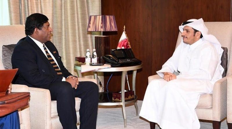 Sri Lanka's Minister of Foreign Affairs Ravi Karunanayake meets with Sheikh Tamim Bin Hamad Al-Thani, Emir of the State of Qatar. Photo Credit: Sri Lanka government.