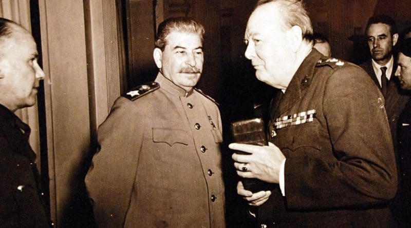 Onboard warship during Crimean conferences at Yalta, Russia, February 4 to 11, 1945, Prime Minister Winston S. Churchill is closely observed by Marshal Joseph Stalin (U.S Navy/U.S. National Archives and Records Administration/Released March 22, 2016)