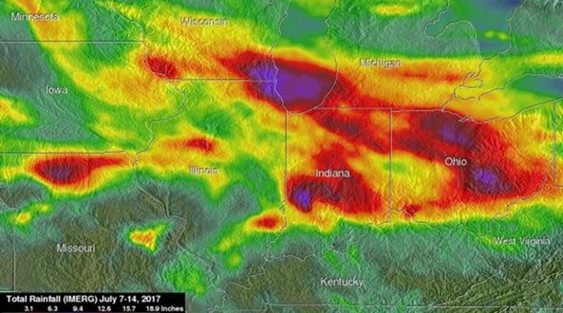 This NASA IMERG rainfall calculation from July 7 to 14, 2017, shows the highest rainfall totals occurred in parts of Wisconsin, Illinois, Indiana and Ohio with more than 6 inches (152.4 mm) of rain being seen in many areas. Credit NASA/JAXA, Hal Pierce