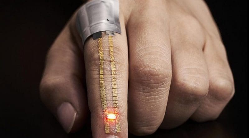 The electric current from a flexible battery placed near the knuckle flows through the conductor and powers the LED just below the fingernail. Credit 2017 Someya Laboratory.