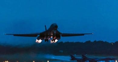 A U.S. Air Force B-1B Lancer assigned to the 9th Expeditionary Bomb Squadron deployed from Dyess Air Force Base, Texas, takes off from Andersen Air Force Base, Guam, to fly a bilateral mission with Japanese fighter jets over the East China Sea, July 6, 2017. The mission marked the first time U.S. Pacific Command B-1B Lancers have conducted combined training with Japanese fighters at night. Air Force photo by Airman 1st Class Jacob Skovo