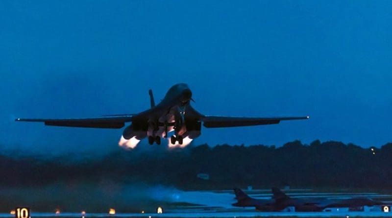A U.S. Air Force B-1B Lancer assigned to the 9th Expeditionary Bomb Squadron deployed from Dyess Air Force Base, Texas, takes off from Andersen Air Force Base, Guam, to fly a bilateral mission with Japanese fighter jets over the East China Sea, July 6, 2017. The mission marked the first time U.S. Pacific Command B-1B Lancers have conducted combined training with Japanese fighters at night. Air Force photo by Airman 1st Class Jacob Skovo