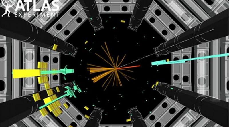 he illustration shows an event that could be the sought-after decay of the Higgs particle in quarks. Credit Illustration: ATLAS collaboration