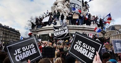 Paris rally in support of the victims of the 2015 Charlie Hebdo shooting, 11 January 2015. Place de la Republique. Photo by Olivier Ortelpa, Wikimedia Commons.