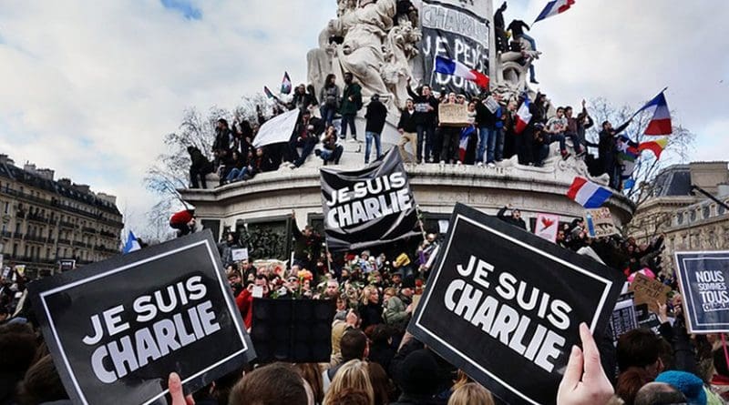 Paris rally in support of the victims of the 2015 Charlie Hebdo shooting, 11 January 2015. Place de la Republique. Photo by Olivier Ortelpa, Wikimedia Commons.