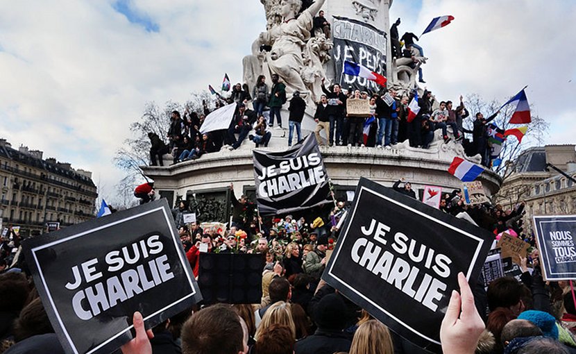 Paris rally in support of the victims of the 2015 Charlie Hebdo shooting, 11 January 2015. Place de la Republique. Photo by Olivier Ortelpa, Wikimedia Commons.