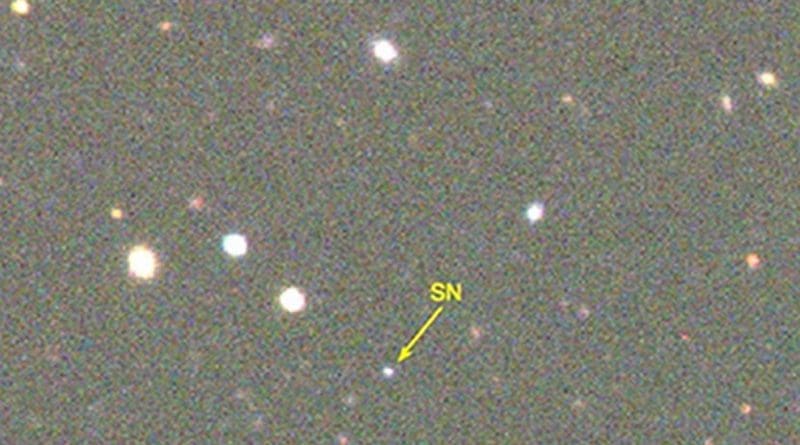 The yellow arrow marks the superluminous supernova DES15E2mlf in this false-colour image of the surrounding field. This image was observed with the Dark Energy Camera (DECam) gri-band filters mounted on the Blanco 4-metre telescope on December 28, 2015, around the time when the supernova reached its peak luminosity. Credit: D. Gerdes / S. Jouvel