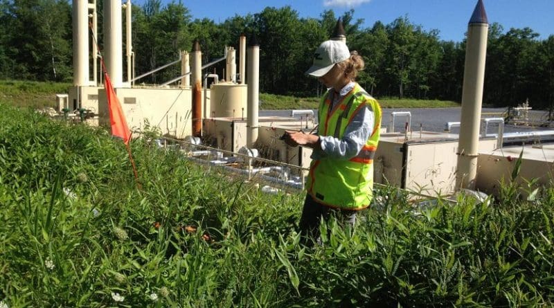 Lead researcher Kathryn Barlow, a doctoral student in ecology, conducts a plant survey on the edge of a Marcellus shale natural gas well pad. Credit Mortensen Lab, Penn State
