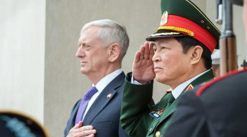 Defense Secretary Jim Mattis and Vietnamese Defense Minister Gen. Ngo Xuan Lich render honors during the national anthem at the Pentagon in Washington, D.C., Aug. 8, 2017. DoD photo by Air Force Staff Sgt. Jette Carr