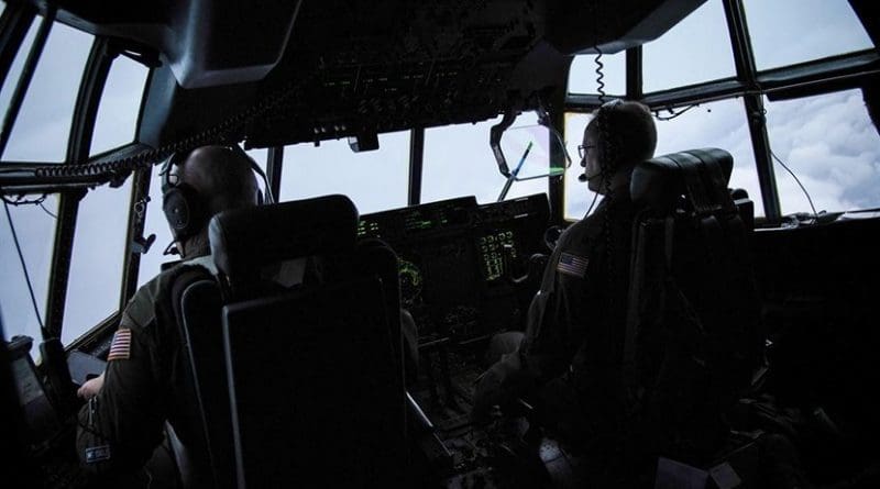 Air Force Maj. Kendall Dunn and Lt. Col. Ivan Deroche fly a WC-130J Super Hercules aircraft into Hurricane Harvey during a mission out of Keesler Air Force Base, Miss., Aug. 24, 2017. Air Force photo by Staff Sgt. Heather Heiney