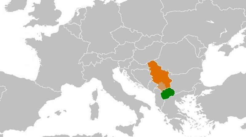 Locations of Macedonia (green) and Serbia (orange): Source: Wikipedia Commons.