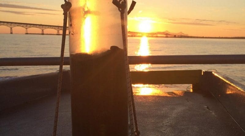 A sediment core was collected and brought to shipboard near bay bridge (Maryland USA) where the main water column data of the Cai et al. paper came from. Credit University of Delaware