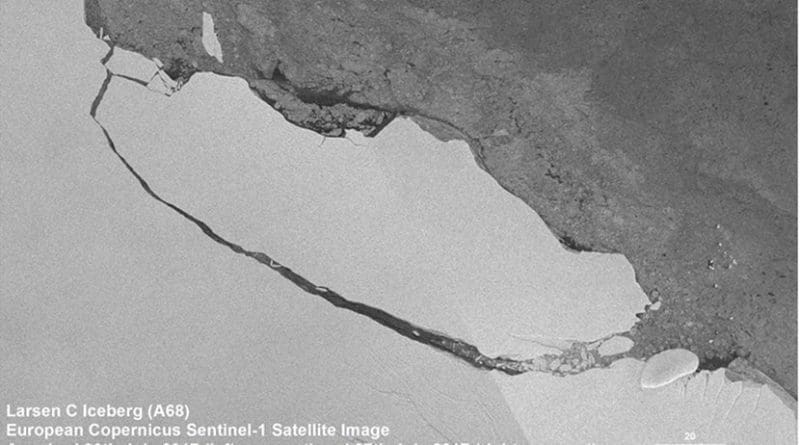 View of the A68 iceberg from a European Copernicus Sentinel-1 satellite image acquired on July 30, 2017. Credit A. Fleming, British Antarctic Survey