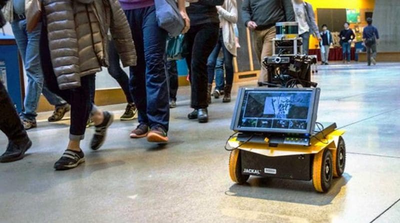 Engineers at MIT have designed an autonomous robot with "socially aware navigation," that can keep pace with foot traffic while observing these general codes of pedestrian conduct. Credit Courtesy of the researchers