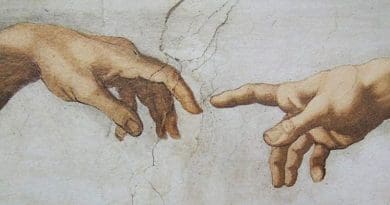 Detail of Creation of Adam, fresco by Michelangelo in the Sistine Chapel. Source: Wikimedia Commons.