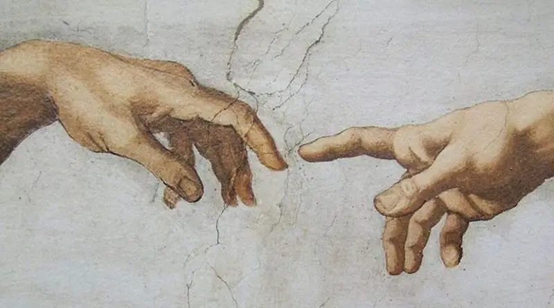 Detail of Creation of Adam, fresco by Michelangelo in the Sistine Chapel. Source: Wikimedia Commons.