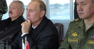 Russia's President Vladimir Putin at the Khmelyovka test ground during the final stage of the Zapad-2013 Russian-Belarusian strategic military exercises. With Belarusian President Alexander Lukashenko and Defence Minister Sergei Shoigu. Source: Kremlin.ru