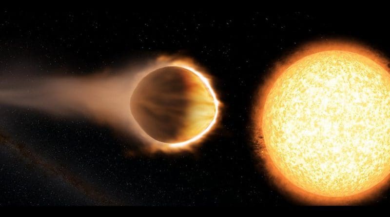 Researchers have found that a "hot Jupiter" exoplanet named WASP-121b (left) has a stratosphere hot enough to boil iron. The planet is as close to its host star (right) as possible without the star's gravity ripping the planet apart. Credit Engine House VFX, At-Bristol Science Centre, University of Exeter