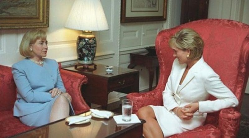 Princess Diana chatting in the Map Room with United States First Lady Hillary Clinton, 18 June 1997, two months before Diana's death. Photo Credit: US Federal Government, Wikipedia Commons.