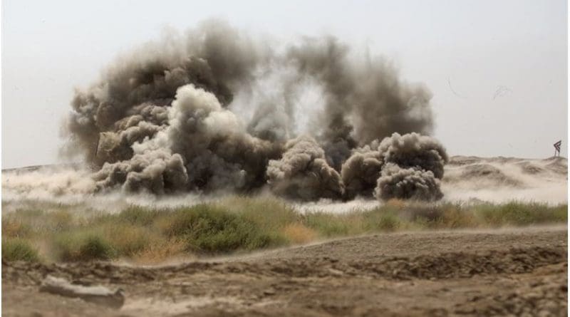 An anti-personnel obstacle breaching system destroys ordinance during a United Kingdom-led combat engineer training course at the Besmaya Range Complex, Iraq, July 26, 2017. The complex is one of four Combined Joint Task Force Operation Inherent Resolve building-partner-capacity sites to train partner forces and enhance their effectiveness on the battlefield. DoD photo by Army Cpl. Tracy McKithern