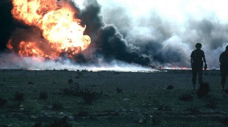 More than 600 Kuwaiti oil wells were set on fire by retreating Iraqi forces, causing massive environmental and economic damage to Kuwait. Photo by Jonas Jordan, United States Army Corps of Engineers, Wikipedia Commons.