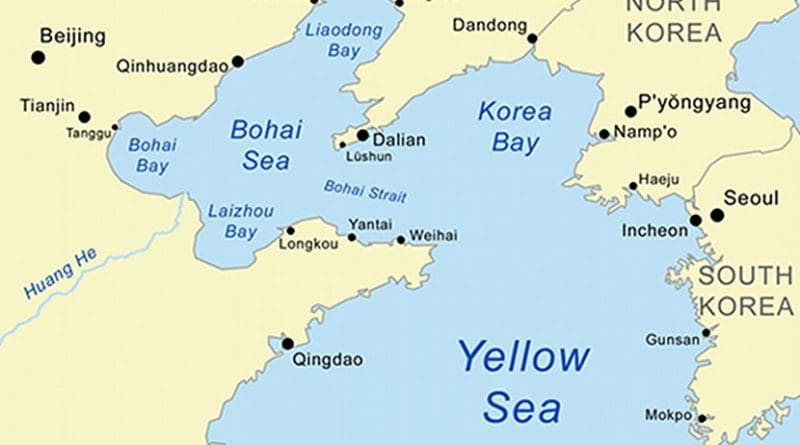 Location of the Yellow Sea the northern part of the East China Sea, Bohai Sea and Korea Bay. Source: Wikipedia Commons.