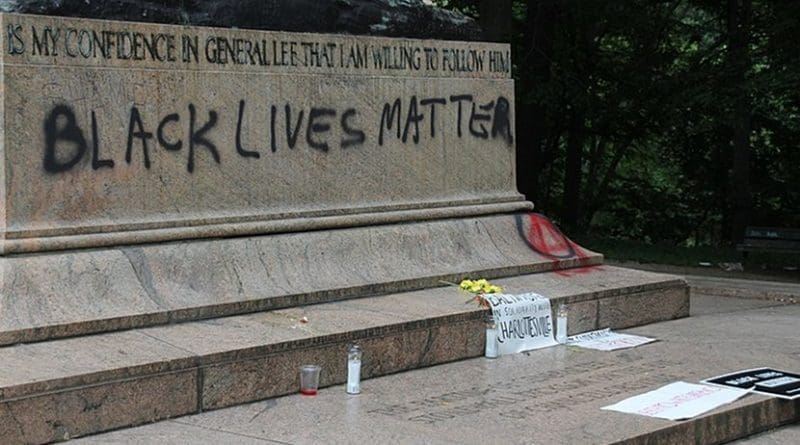 Vandalism, asserting that "Black Lives Matter", on the base of the Stonewall Jackson and Robert E. Lee Monument, Baltimore. The statue was removed in August 2017. Photo by Ryan Patterson, Wikipedia Commons.
