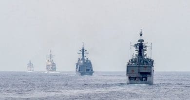 Ships from the Indian navy, Japan Maritime Self Defense Force and U.S. Navy get into formation for a gunnery live-fire exercise as part of Exercise Malabar. U.S. Navy photo by Mass Communication Specialist 2nd Class Joe Bishop.