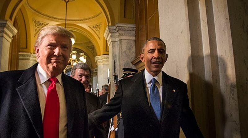 Barack Obama handing over the US Presidency to Donald Trump. DoD photo by U.S. Air Force Staff Sgt. Marianique Santos, Wikimedia Commons.