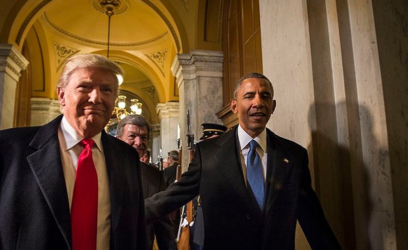 Barack Obama handing over the US Presidency to Donald Trump. DoD photo by U.S. Air Force Staff Sgt. Marianique Santos, Wikimedia Commons.