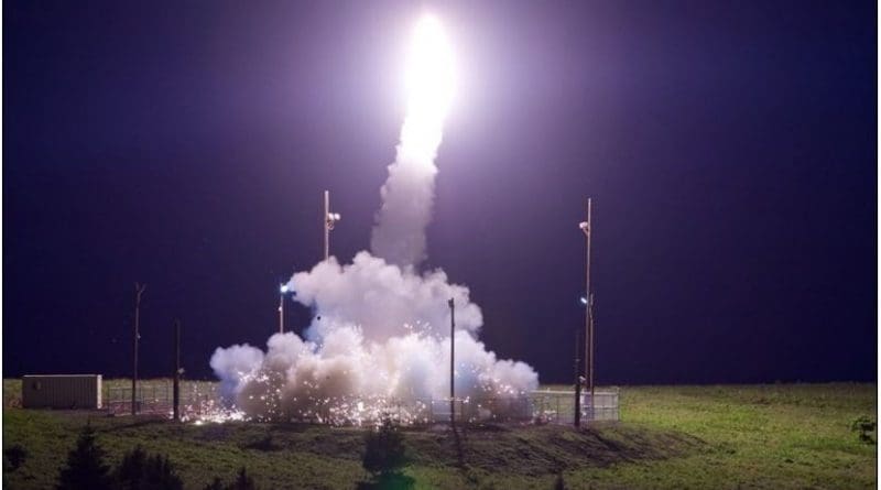 A Terminal High Altitude Area Defense interceptor is launched from the Pacific Spaceport Complex Alaska in Kodiak, Alaska, during Flight Test THAAD-18, July 11, 2017. During the test, the THAAD weapon system successfully intercepted an air-launched intermediate-range ballistic missile target. Defense Department photo by Leah Garton