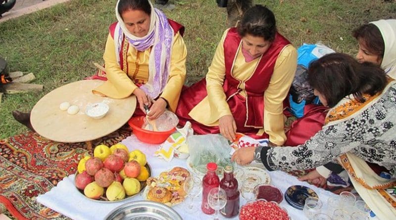 Pomegranate Festival is an annual cultural festival that is held in Goychay, Azerbaijan. Women are making lavash bread. Photo by Moonsun1981, Wikimedia Commons.