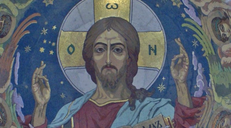 Details of Christ Pantokrator inside the dome of Church of the Saviour on the Blood, St. Petersburg, Russia. Photo by Heidas, Wikipedia Commons..