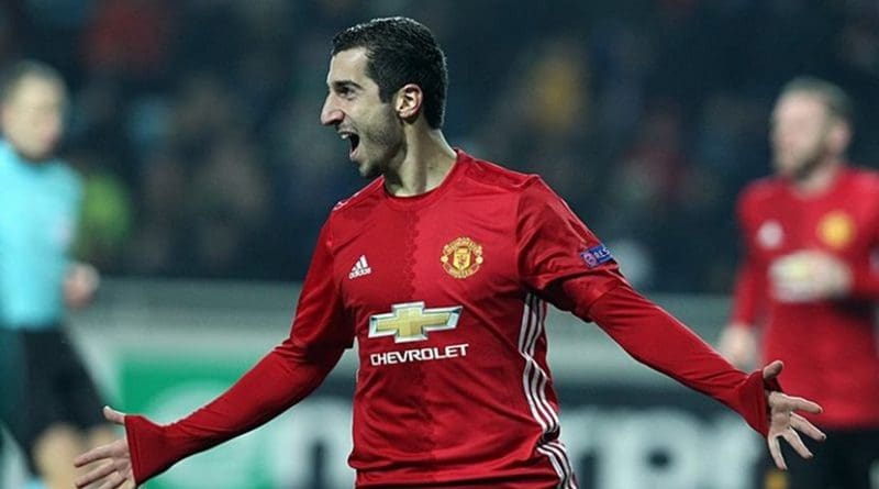 Henrikh Mkhitaryan celebrating a goal for Manchester United in 2016. Photo by Станислав Ведмидь, Wikipedia Commons.