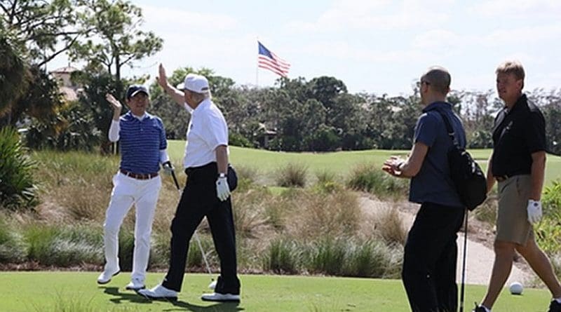 Japan's Prime Minister Shinzo Abe plays golf in Palm Beach, Florida with US President Donald J. Trump. Photo Credit: Japan Prime Minister Office.