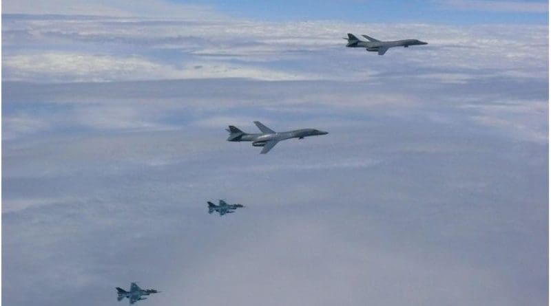 Two U.S. Air Force B-1B Lancer bombers assigned to the 37th Expeditionary Bomb Squadron, deployed from Ellsworth Air Force Base, South Dakota, prepare to take off from Andersen Air Force Base, Guam, for a 10-hour mission, flying in the vicinity of Kyushu, Japan, the East China Sea, and the Korean Peninsula, Aug. 7, 2017. Air Force photo by Tech. Sgt. Richard P. Ebensberger