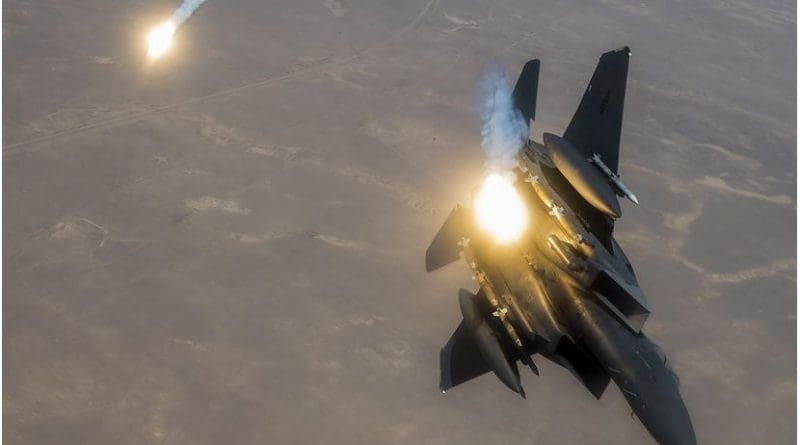 An Air Force F-15E Strike Eagle fires flares during a flight supporting Operation Inherent Resolve, June 21, 2017. Air Force photo by Staff Sgt. Trevor T. McBride