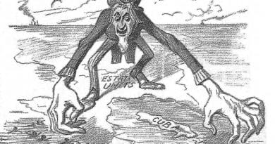 A Spanish satirical drawing published in La Campana de Gràcia (1896) criticizing U.S. behavior regarding Cuba by Manuel Moliné, just prior to the Spanish-American War. Credit: Wikipedia Commons.