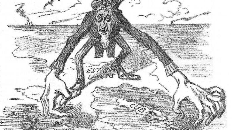 A Spanish satirical drawing published in La Campana de Gràcia (1896) criticizing U.S. behavior regarding Cuba by Manuel Moliné, just prior to the Spanish-American War. Credit: Wikipedia Commons.